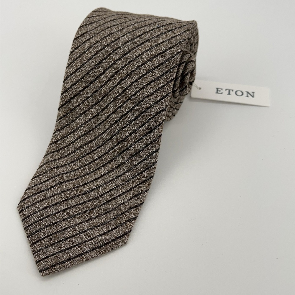 Eton Tie Mens Brown Gray Diagonal Stripe Cotton Silk Woven Necktie Made In Italy